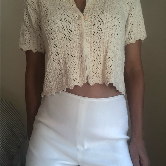 SOLD Knitted light cream short sleeve button up shirt - Picture 5 of 7